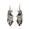 Crescent half moon-shaped alpaca silver metal earring with long dangles.