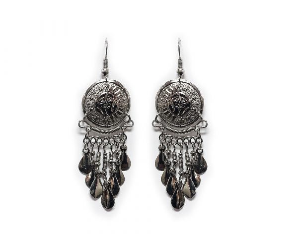 Round-shaped alpaca silver metal earring with long dangles in sun and moon style.