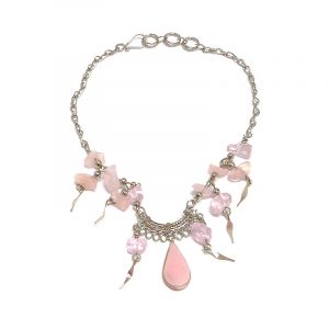 Handmade alpaca silver metal chain anklet with teardrop-cut stone, chip stones, and metal dangles in pink rose quartz.