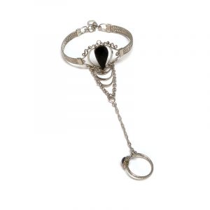 Handmade alpaca silver metal cuff harem bracelet with teardrop-cut gemstone crystal cabochon centerpiece, chain linked to mini ring in black onyx.