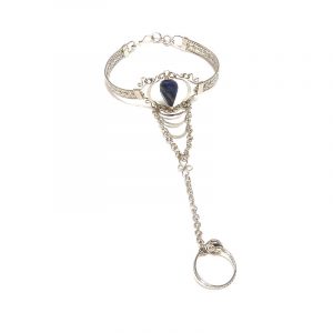 Handmade alpaca silver metal cuff harem bracelet with teardrop-cut gemstone crystal cabochon centerpiece, chain linked to mini ring in blue sodalite.