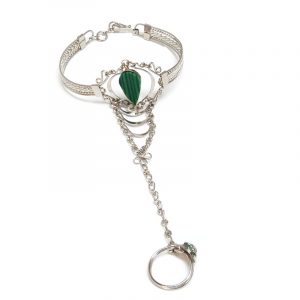 Handmade alpaca silver metal cuff harem bracelet with teardrop-cut gemstone crystal cabochon centerpiece, chain linked to mini ring in green malachite.