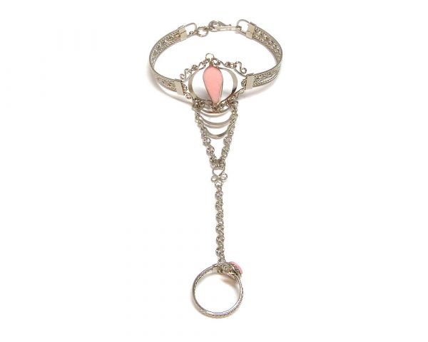 Handmade alpaca silver metal cuff harem bracelet with teardrop-cut gemstone crystal cabochon centerpiece, chain linked to mini ring in pink rose quartz.