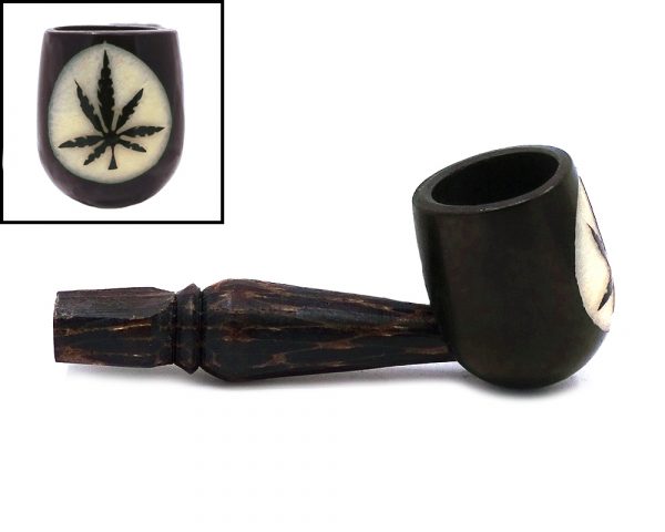 Handcarved tobacco smoking natural tagua nut hand pipe of a cannabis pot leaf in small size.