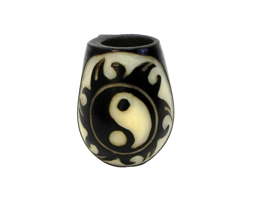 Handcarved tobacco smoking natural tagua nut hand pipe of a yin yang symbol inside of a sun in small size.