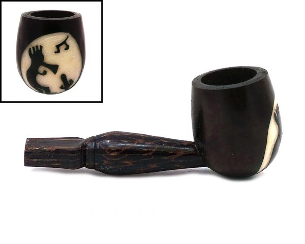 Handcarved tobacco smoking natural tagua nut hand pipe of a kokopelli deity playing the flute in small size.
