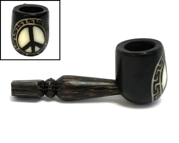 Handcarved tobacco smoking natural tagua nut hand pipe of a peace sign in small size.