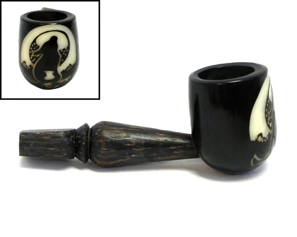 Handcarved tobacco smoking natural tagua nut hand pipe of a howling wolf under a full moon in small size.