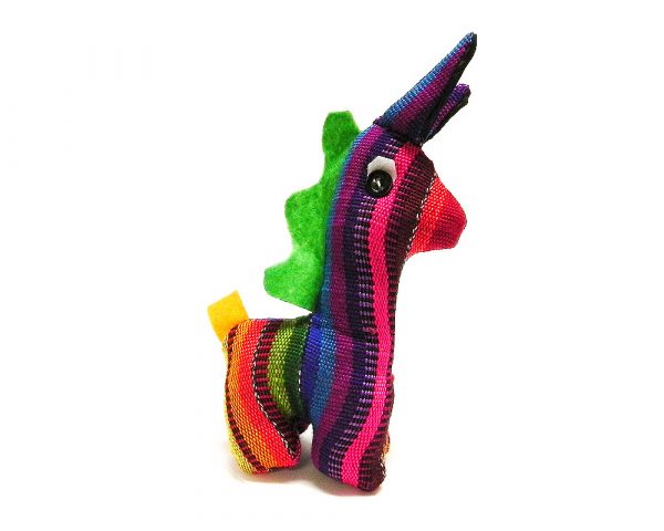 Handmade mini multicolored striped cotton stuffed animal tall donkey toy.