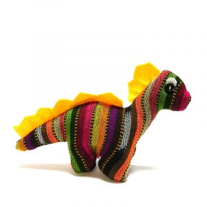 Handmade mini multicolored striped cotton stuffed animal dinosaur toy.