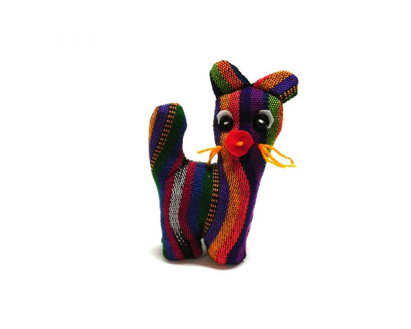 Handmade mini multicolored striped cotton stuffed animal cat toy.