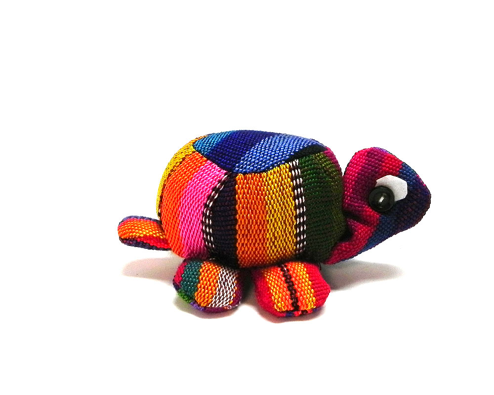 Handmade mini multicolored striped cotton stuffed animal turtle toy.