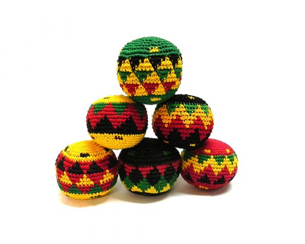 Handmade assorted multicolored hacky balls with geometric tribal pattern design in Rasta colors.