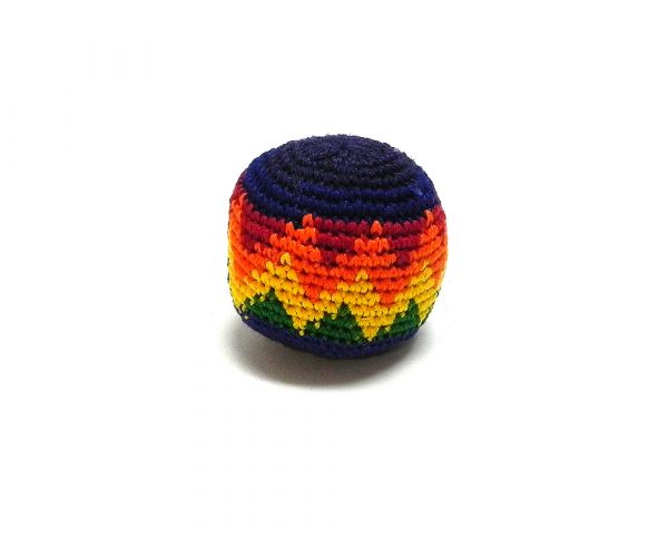 Handmade single multicolored hacky ball with geometric zig zag pattern design in rainbow colors.
