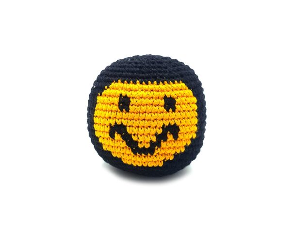 Handmade single hacky ball with smiley face design in black and yellow color combination.