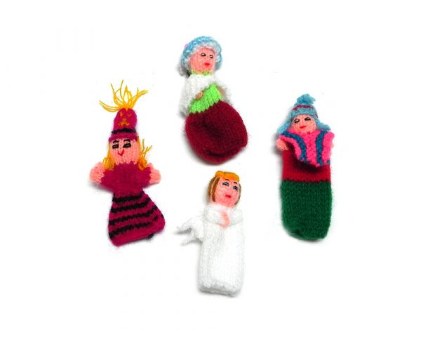 Handmade assorted set of a dozen (12) people themed alpaca wool finger puppets.