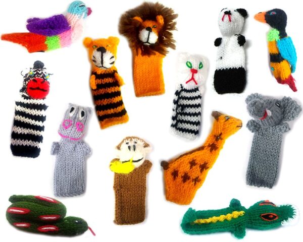 Handmade assorted set of a dozen (12) jungle animal themed alpaca wool finger puppets.