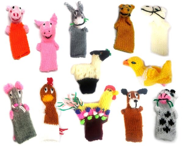 Handmade assorted set of a dozen (12) farm animal themed alpaca wool finger puppets.