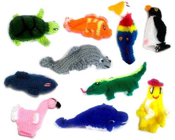 Handmade assorted set of a dozen (12) tropical sea animal themed alpaca wool finger puppets.