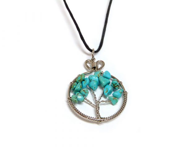 Handmade round silver metal wire wrapped chip stone tree of life pendant on adjustable necklace in turquoise blue howlite.