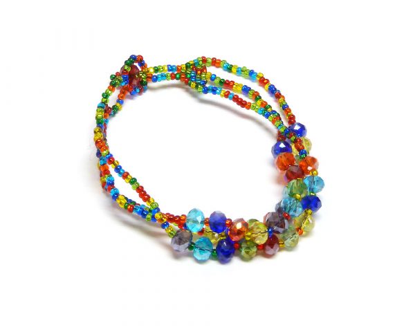 Czech glass seed bead multi strand bracelet with multiple crystal bead centerpiece in rainbow colors.