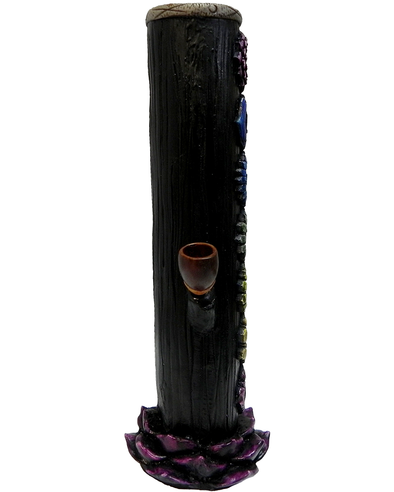 Handcrafted tobacco smoking water pipe of seven chakra aligned symbols with purple lotus flower base.