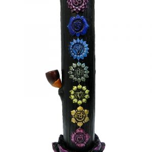 Handcrafted tobacco smoking water pipe of seven chakra aligned symbols with purple lotus flower base.
