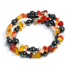 Handmade hematite gemstone bead and chip stone wraparound bracelet with memory wire in orange agate.