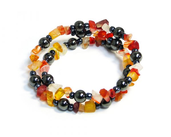 Handmade hematite gemstone bead and chip stone wraparound bracelet with memory wire in orange agate.