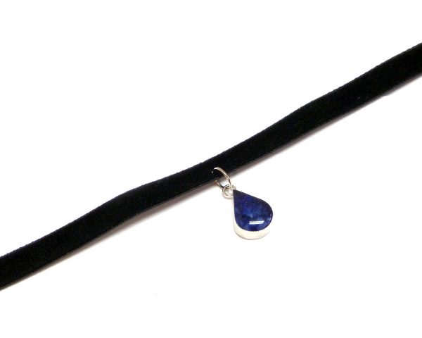Handmade black velvet ribbon choker necklace with mini teardrop-shaped resin, silver metal, and crushed chip stone inlay dangle in dark blue color.