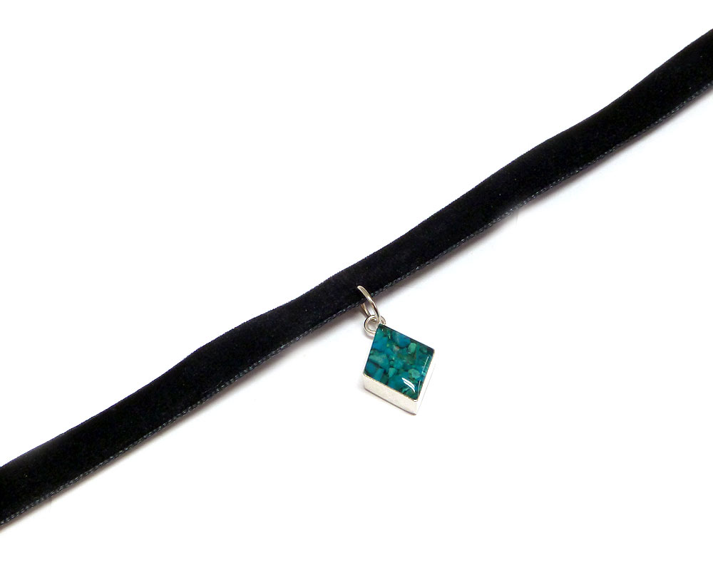 Handmade black velvet ribbon choker necklace with mini diamond-shaped resin, silver metal, and crushed chip stone inlay dangle in teal green color.