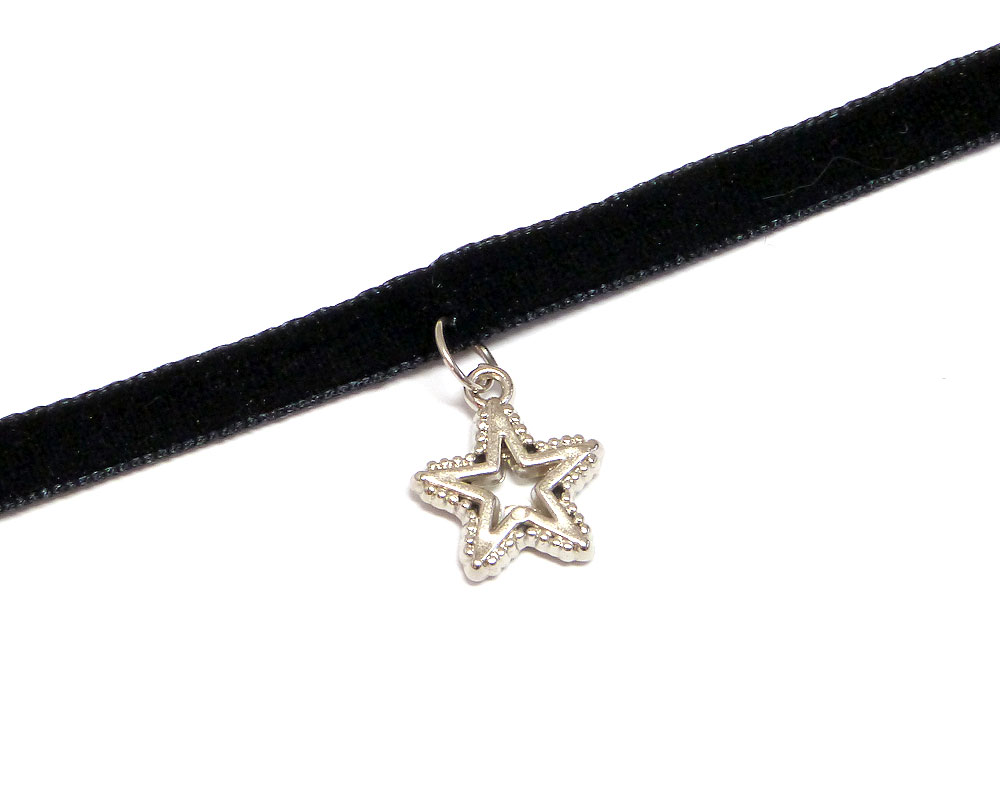 Handmade choker necklace with silver metal star charm, black velvet ribbon, and easy hook clasp closure.