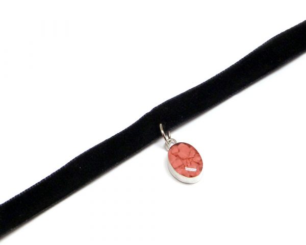 Handmade black velvet ribbon choker necklace with mini oval-shaped resin, silver metal, and crushed chip stone inlay dangle in pink color.