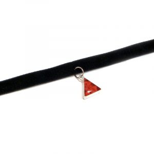 Handmade black velvet ribbon choker necklace with mini triangle-shaped resin, silver metal, and crushed chip stone inlay dangle in red color.
