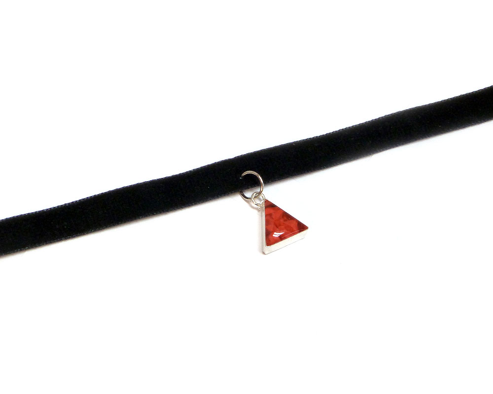 Handmade black velvet ribbon choker necklace with mini triangle-shaped resin, silver metal, and crushed chip stone inlay dangle in red color.