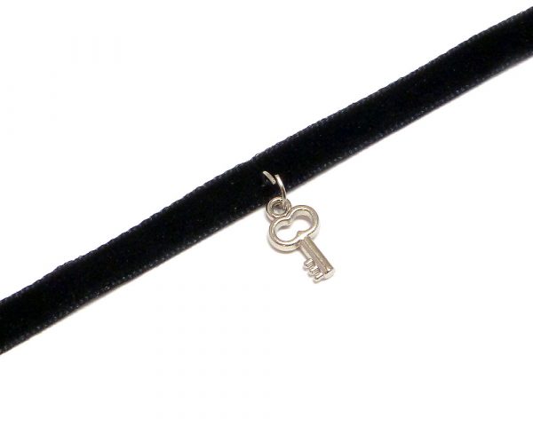 Handmade choker necklace with silver metal key charm, black velvet ribbon, and easy hook clasp closure.