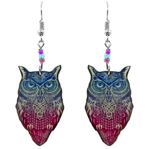 Art Owl Earrings - Psychedelic/Blue/Dark-Pink