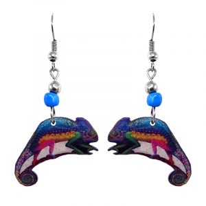 Mia Jewel Shop: Chameleon lizard acrylic dangle earrings with beaded metal hooks in rainbow colors.