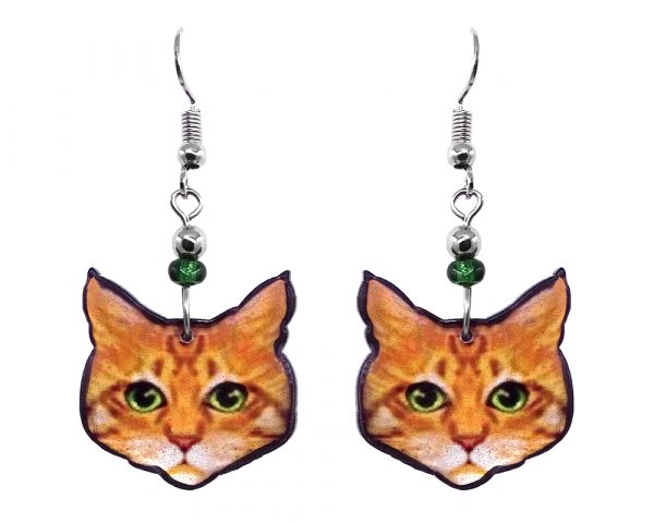 Mia Jewel Shop: Tabby cat face acrylic dangle earrings with beaded metal hooks in orange, golden yellow, white, lime green, and black color combination.