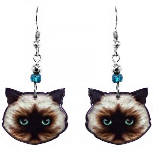 Mia Jewel Shop: Himalayan cat face acrylic dangle earrings with beaded metal hooks in brown, beige, gray, light blue, and black color combination.