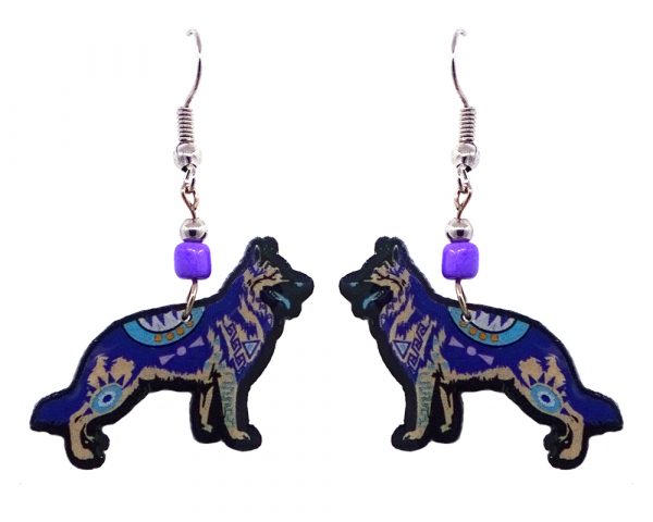 Mia Jewel Shop: Tribal pattern German Shepard dog acrylic dangle earrings with beaded metal hooks in blue, indigo, beige, black, and white color combination.
