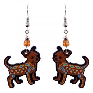 Mia Jewel Shop: Tribal pattern Chihuahua dog acrylic dangle earrings with beaded metal hooks in tan, brown, beige, turquoise blue, and black color combination.