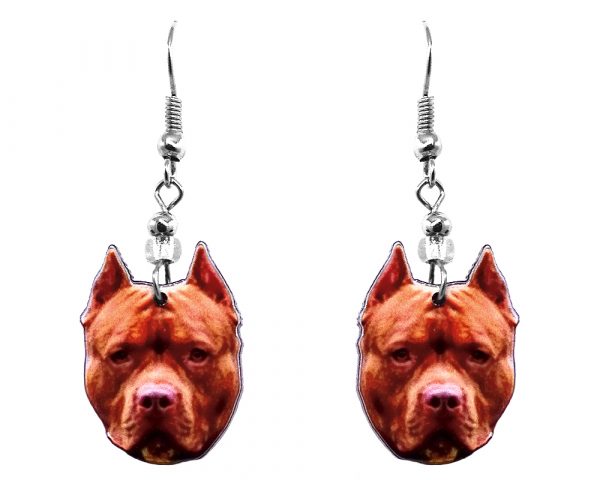 Mia Jewel Shop: Pitbull Terrier dog face acrylic dangle earrings with beaded metal hooks in dark red, orange tan, brown, and black color combination.