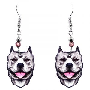 Mia Jewel Shop: Pitbull Terrier dog face acrylic dangle earrings with beaded metal hooks in gray, white, black, and pink color combination.