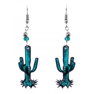 Mia Jewel Shop: Saguaro cactus acrylic dangle earrings with beaded metal hooks in teal and mint green color combination.