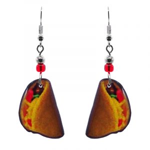 Steak taco Mexican food acrylic dangle earrings with beaded metal hooks in golden yellow, red, and brown color combination.