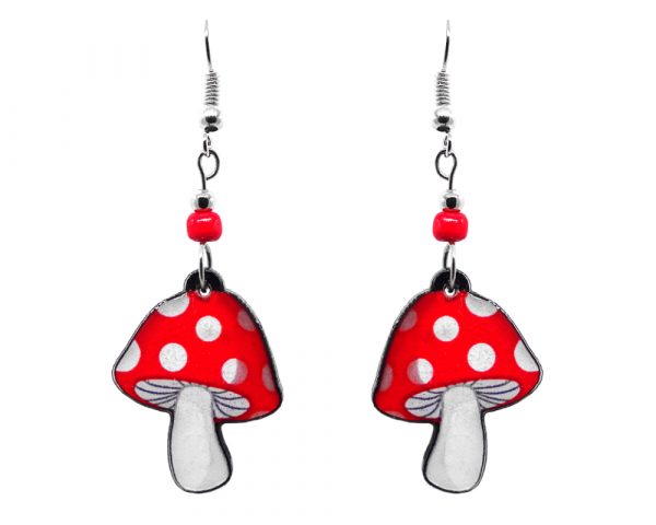 Amanita magic mushroom acrylic dangle earrings with beaded metal hooks in red and white color combination.