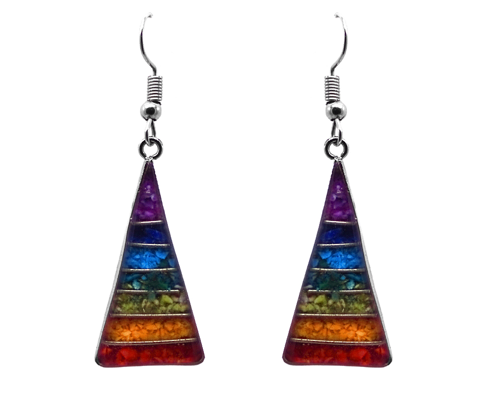 Handmade triangle-shaped acrylic resin, silver wire, and crushed chip stone inlay orgonite earrings with 7 chakra rainbow striped pattern and silver metal setting.