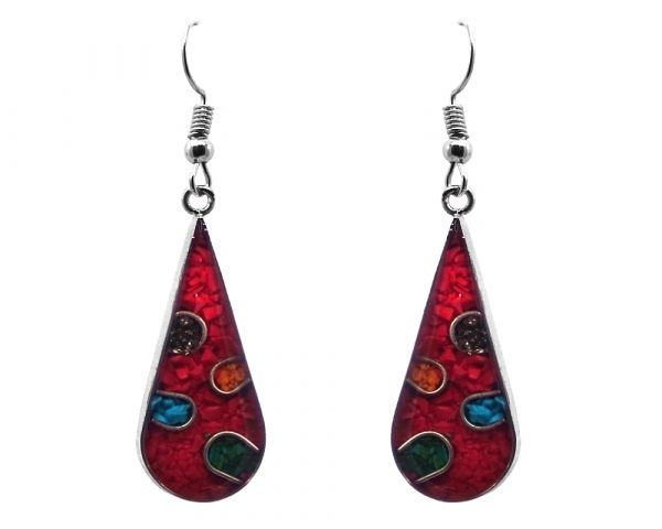 Mia Jewel Shop: Teardrop-shaped polka dot resin and crushed chip stone inlay dangle earrings with silver setting in red and multicolored color combination.