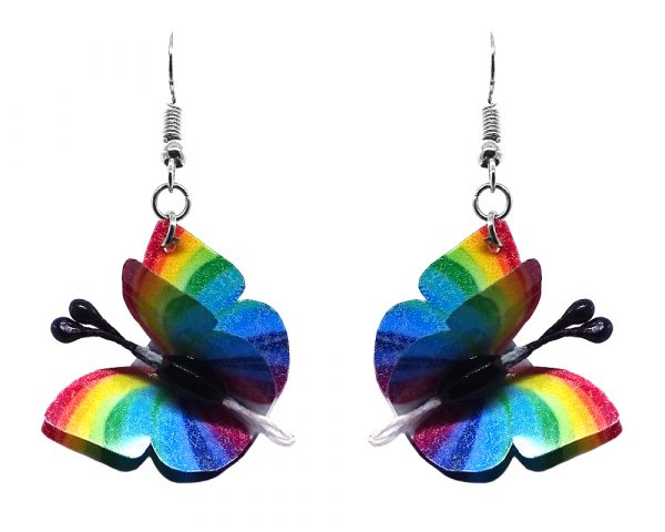 Three-dimensional striped butterfly durable plastic dangle earrings in rainbow colors.